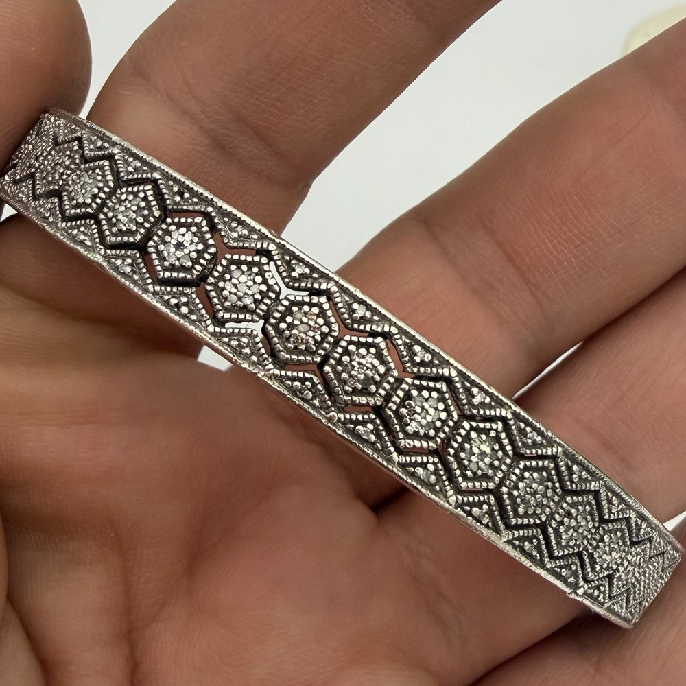 Vtg 925 Sterling Silver Diamond Cuff Bracelet Open Work Honey Comb Designer JSP